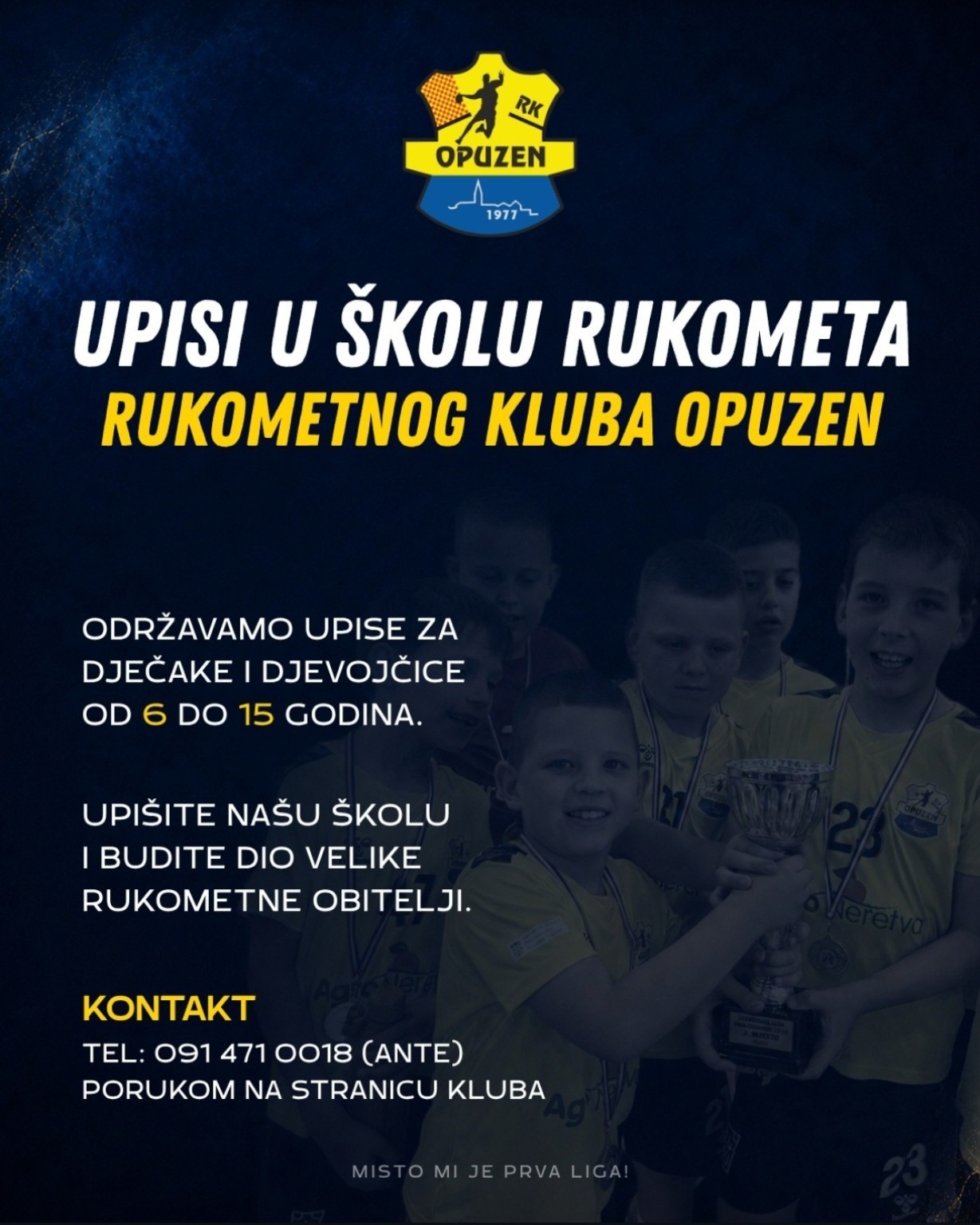 Plakat upisa u školu rukometa RK Opuzen za djecu od 6 do 15 godina